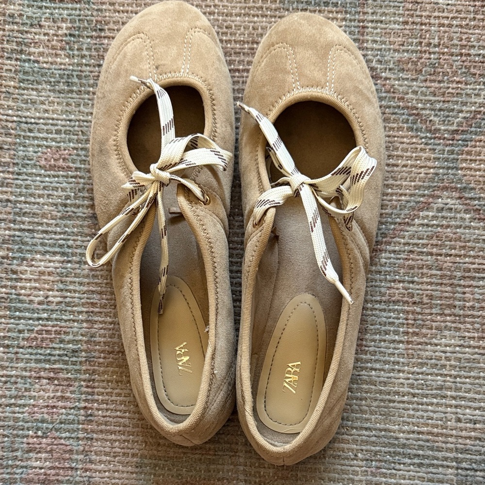 Zara Beige Suede Ballet Flats with Ribbon Ties